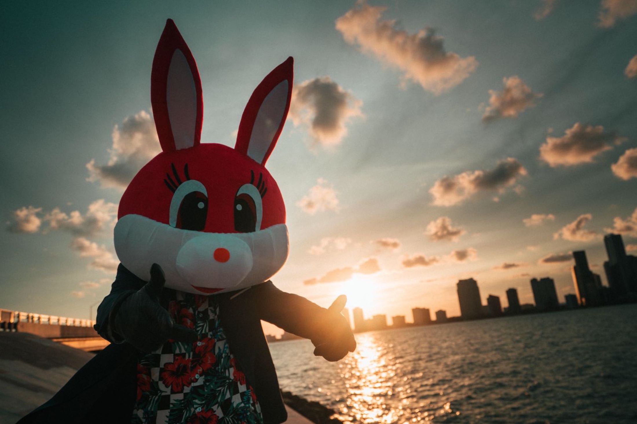 The mascot at golden hour against the Miami skyline